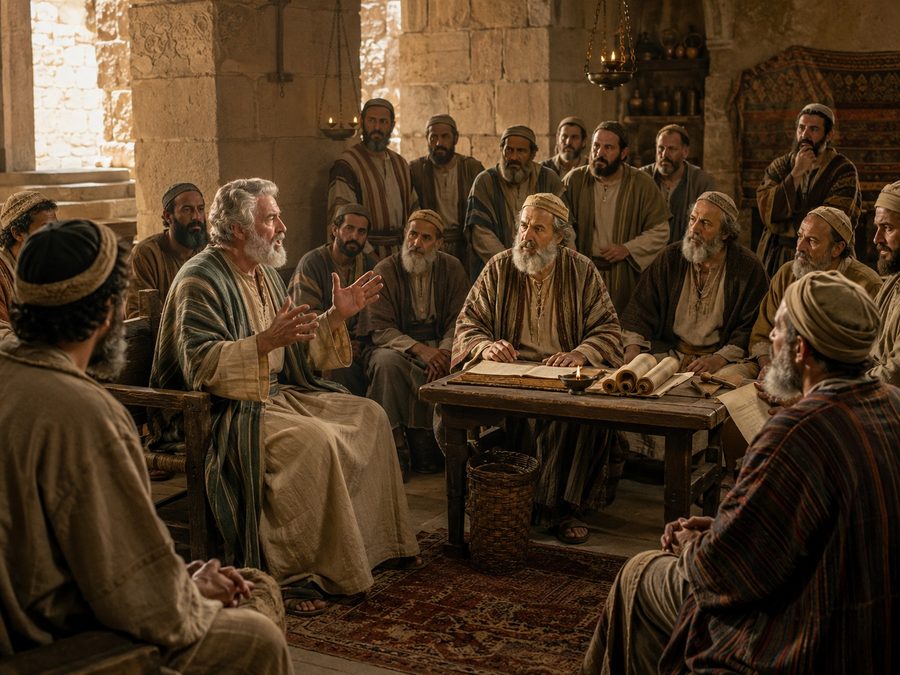 The apostles and elders gathered in council at Jerusalem, one of them speaking to the assembly